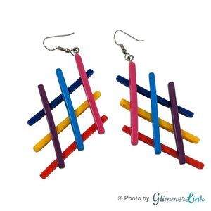 Vintage Large Colorful Lattice Pick Up Stick Earrings